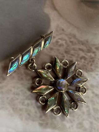 Antique Vintage Art Nouveau Sterling Silver Abalone Shell Bar Flower Pin Brooch