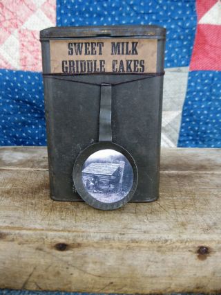 Antique Pantry Tin W Early Toy Skillet Griddle Cakes Label