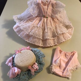 Vintage Fancy Cotton & Lace Dress & Hat For Antique Child Doll Pink & Aqua 16 "
