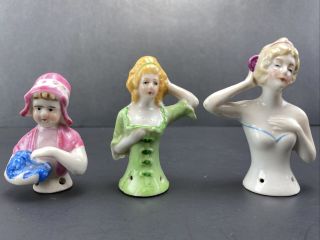 3 Antique Porcelain Pin Cushion Half Dolls Germany & Japan