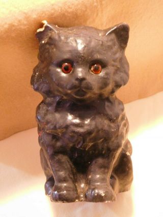 Antique Halloween Pulp Paper Mache Black Cat Sitting Glass Amber Eyes