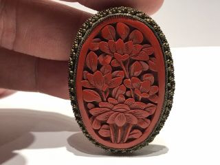 Antique Chinese Carved Cinnabar 2” Fur Clip Marked China Dress Pin Brooch