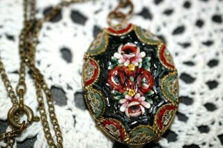 Antique Signed Italy Micro Mosaic Millefiori Glass Flower Pendant & Necklace
