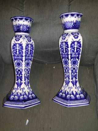 2 Vintage 14 Inch Blue & White Ceramic Pillar Candle Holder Stick Pedestal
