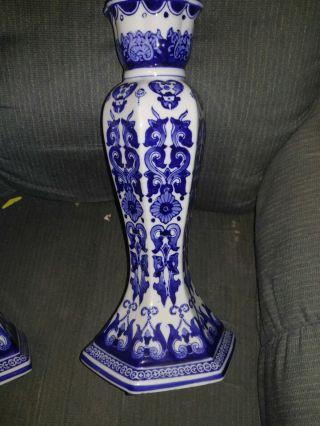 2 Vintage 14 inch Blue & White Ceramic Pillar Candle Holder Stick Pedestal 2