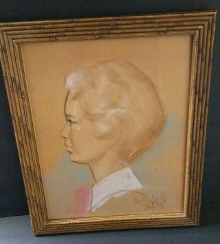 Vintage 1964 Framed Color Drawing Profile Sketch Young Lady Woman - Disneyland