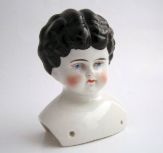 Antique/vintage Porcelain China Doll Head Black Hair Low Brows Blue Eyes Germany