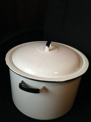 Antique Large White Enamel Ware Stock Soup Pot Black Trim With Lid 11 1/2 "