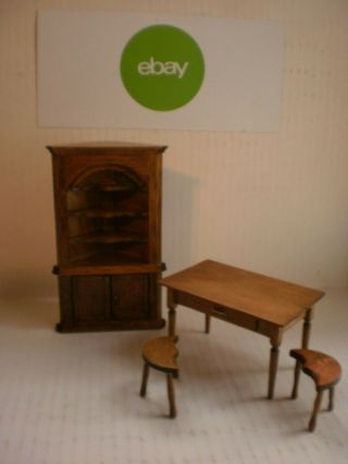 Dollhouse Miniature Artisan Signed Table,  Corner Cabinet & 2 Stools Set 1:12