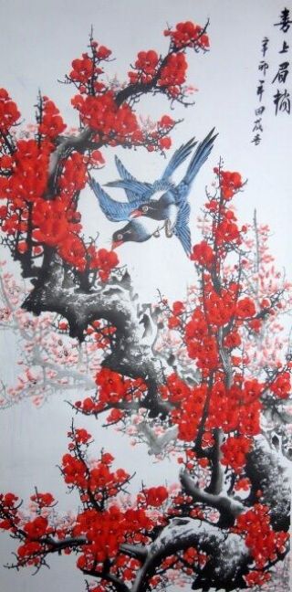 Oriental Asian Art Chinese Painting - Plum Blossom,  Birds - 25x52