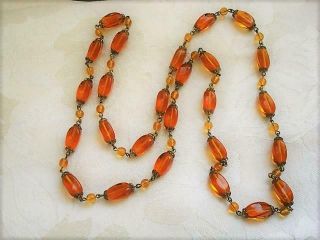 Vintage Antique Necklace With Amber Glass Beads 34 In.