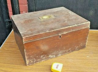 Large Antique Wooden Box W/ Recessed Brass Handle On The Lid In Found