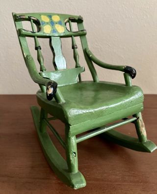 Vintage Handmade Wooden Doll Rocker Rocking Chair - Green Folk Art Painted