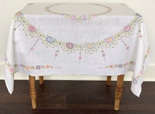 Vintage Stunning Hand Embroidered Linen Tablecloth Circles Of Garden Flowers