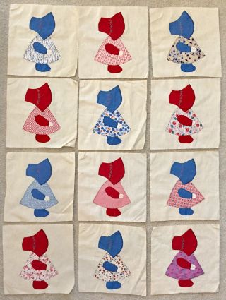 Feed Flour Sack Red Blue Colors 12 Sun Bonnet Sue Quilt Blocks 12” Squares