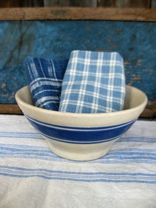 Small Antique Stoneware Mixing Bowl W Blue Stripes 6 " Diameter