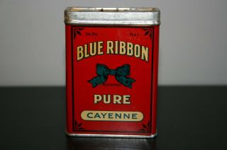 Antique Blue Ribbon Pure Cayenne Tin Vintage Country Grocery Store Can Tin Rare