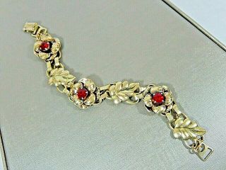 Antique Art Deco 12kyg On Sterling Silver Ruby Glass Flower Link 7 1/4 " Bracelet