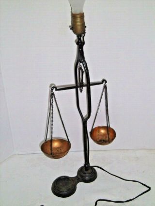 Antique Vintage Wrought Iron W|hanging Copper Scales And Chains Table Lamp