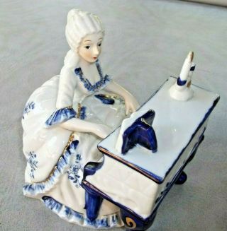 Porcelain Figurine Lady Playing Piano Harpsichord Blue White Gold Colonial