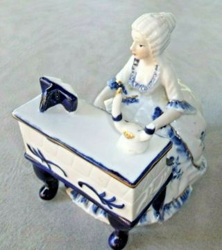 Porcelain Figurine Lady Playing Piano Harpsichord Blue White Gold Colonial 2