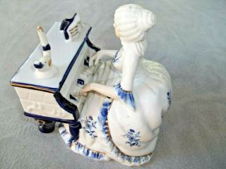 Porcelain Figurine Lady Playing Piano Harpsichord Blue White Gold Colonial 3