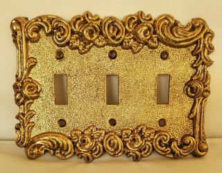 Vtg Hollywood Regency Ornate Gold Brass Rose Triple Switch Plate Cover