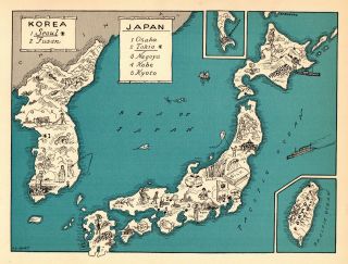 1932 Antique Animated Japan Map Rare Cartoon Picture Map Of Korea Blu 7282