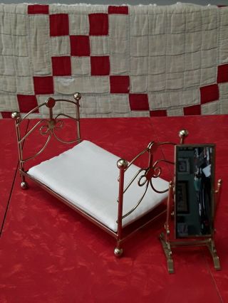 Vintage Metal Brass Bed And Floor Mirror Dollhouse Miniature 6.  5 "