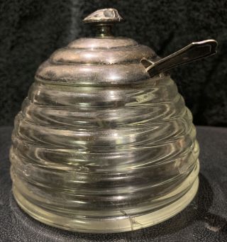 Vintage Silver Plated Honey Pot Bee Hive Shaped Glass With Sterling Silver Spoon