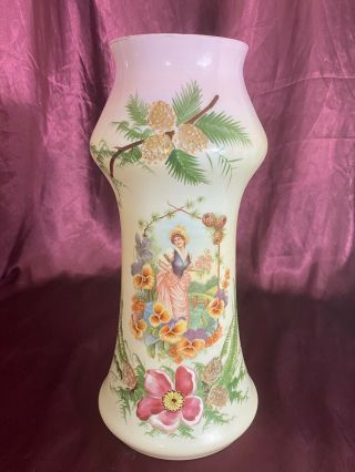 Antique Victorian Era Hand Painted Pink Bristol Glass Vase Gibson Girl Flowers
