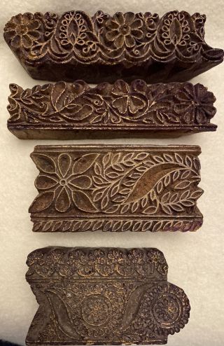 4 Antique Primitive Hand Carved Wood Print Blocks Textile Fabric Wallpaper Stamp
