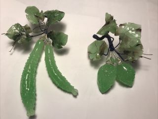 Vintage Carved Polished Green Jade Color Peking Glass : Dragon Fruit & Leaves