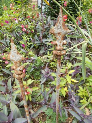2 Antique Cast Iron Fence Finials W/stakes - Rustic - Primitive - Garden Decor - 33 "