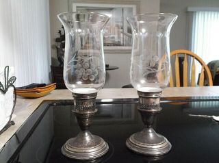 Vintage Pair El Sil Co Sterling Silver Weighted Candle Holder W Etched Glass