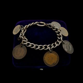 Antique Vintage Deco Retro Sterling Silver Plated English Coin Charm Bracelet