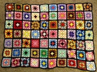 Vintage Afghan Granny Square Handmade Crochet Throw Blanket 42x58