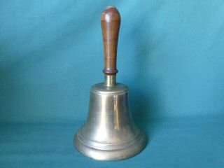 Antique Brass Or Bronze School Hand Bell W/ Maple Wood Handle 11 1/2 " High 9