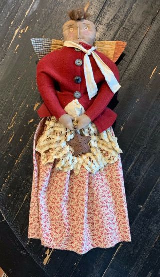 Primitive Americana Vintage Angel Doll With Red Coat And A Star 26 " Tall