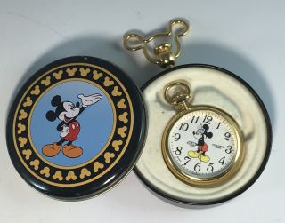 Verichron Disney Mickey Mouse Gold Tone Quartz Pocket Watch In Tin Battery