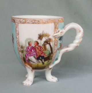 Antique Dresden Meissen Cup - Paw Feet - Snake Handle - Courting Scenes