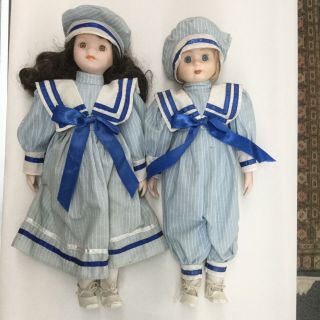 2 Vintage 15 " Porcelain Dolls Boy & Girl Sailors Blue Pinstripe Outfits