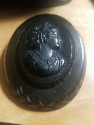 Antique Vtg Black Bakelite Deep Carved Cameo Goddess Mourning Brooch Pin