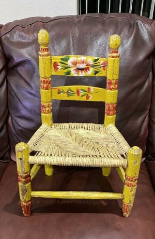 Vintage Wood Wicker Child Doll Size Chair Seat Yellow Floral Wood