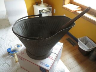 Vintage Galvanized Reeves Coal Ash Bucket Fireplace Hog Scuttle With Shovel