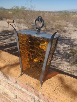 Vintage Outdoor Porch Light Fixture Black Metal W/textured Amber Glass Sconce