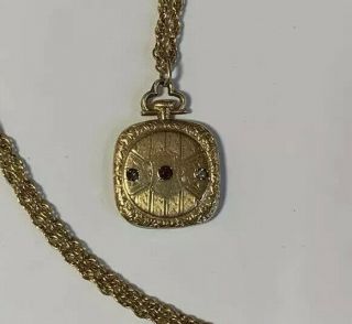 Antique Watch Style Pendant With Red And Clear Stones Unique Gold Necklace 22”