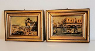 Vintage Mcm Italian Gold Wood Framed Print Of Painting Venice Italy Pair 2