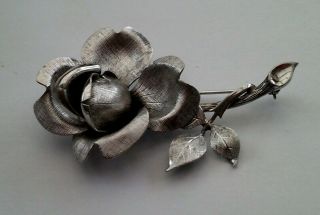 A Fine Sculptured Brushed Sterling Silver Pin Brooch In The Form Of A Rose