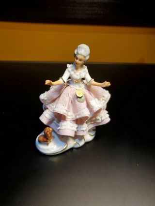 Dresden Lace Lady Woman With Dog Figurine By Hoffner & Co.  Germany Pink